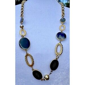 Vintage Dauplais Black Enamel Gold Tone Link Necklace Chunky Statement 30 Inch